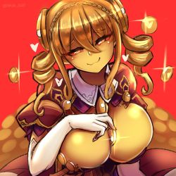 Rule 34 | 1girl, :3, absurdres, blush, breasts, cleavage, coin, colored sclera, colored skin, creeping coin (monster girl encyclopedia), drill hair, elbow gloves, gloves, gold, highres, large breasts, mimic, monster girl encyclopedia, orange eyes, red background, skai art