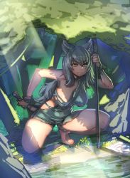 Rule 34 | 1girl, animal ears, bare legs, barefoot, bow (bhp), breasts, commentary, dappled sunlight, day, grey hair, knife, large breasts, long hair, looking at viewer, nature, original, outdoors, polearm, solo, spear, squatting, sunlight, torn clothes, weapon, yellow eyes