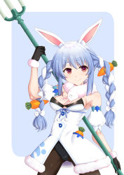 Rule 34 | 1girl, animal ears, black gloves, black leotard, black pantyhose, blue background, blue hair, braid, breasts, carrot hair ornament, closed mouth, coat, coat dress, commentary request, detached sleeves, don-chan (usada pekora), dress, food-themed hair ornament, fur-trimmed gloves, fur collar, fur trim, gloves, hair ornament, hair ribbon, holding, holding staff, hololive, leotard, long hair, looking at viewer, multicolored hair, outside border, pantyhose, rabbit-shaped pupils, rabbit ears, rabbit girl, rabbit tail, red eyes, ribbon, rounded corners, seushiki (ponti-ron), small breasts, smile, solo, staff, standing, strapless, strapless coat, strapless dress, strapless leotard, symbol-shaped pupils, tail, twin braids, twintails, usada pekora, usada pekora (1st costume), virtual youtuber, white coat, white ribbon, white sleeves