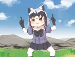Rule 34 | 1girl, :3, animal ear fluff, animal ears, black bow, black hair, black skirt, blue sky, blurry, blurry background, blush, bow, brown eyes, closed mouth, cloud, commentary request, common raccoon (kemono friends), day, depth of field, feet out of frame, fur collar, grey hair, hands up, index finger raised, jacket, kemono friends, legs apart, looking at viewer, multicolored hair, outdoors, pantyhose, pleated skirt, puffy short sleeves, puffy sleeves, purple jacket, raccoon ears, short sleeves, skirt, sky, solo, standing, two-tone hair, white hair, white pantyhose, yukie (kusaka shi)
