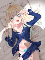 Rule 34 | 3girls, @ @, aizawa ema, assisted exposure, bed, blonde hair, blue eyes, blue panties, blue shirt, blue shorts, blush, bow, bow panties, breasts, clothes pull, gradient hair, highres, long hair, looking at viewer, lying, medium breasts, multicolored hair, multiple girls, navel, no bra, off shoulder, on back, on bed, open clothes, open mouth, open shirt, pajamas, panties, sabaru11037, scared, shadow, shirt, short shorts, shorts, shorts pull, solo focus, stomach, underwear, very long hair, virtual youtuber, vspo!, wavy mouth