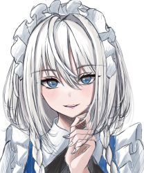 Rule 34 | 1girl, 7saki, ascot, bad id, bad twitter id, black ascot, blue dress, blue eyes, blush, braid, commentary request, dress, finger to own chin, fingernails, frills, hair between eyes, hair intakes, hand up, highres, izayoi sakuya, looking at viewer, maid headdress, medium hair, parted lips, portrait, side braids, silver hair, simple background, smile, solo, touhou, twin braids, white background, white headwear
