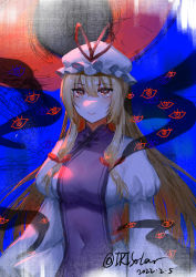 Rule 34 | 1girl, 2022, absurdres, alternate eye color, backlighting, blonde hair, blue background, blush, breasts, closed mouth, colored eyelashes, cowboy shot, dated, dress, gap (touhou), gradient background, hair between eyes, hair ribbon, hat, hat ribbon, highres, impossible clothes, impossible tabard, large breasts, long hair, long sleeves, looking at viewer, mob cap, mulasaki sola, navel, puffy long sleeves, puffy sleeves, red eyes, red ribbon, ribbon, sidelocks, smile, solo, tabard, taut clothes, taut dress, touhou, tress ribbon, twitter username, upper body, very long hair, white dress, white hat, wide sleeves, yakumo yukari