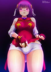 Rule 34 | 1girl, absurdres, asamiya athena, blush, breasts, clothes lift, detached sleeves, fingerless gloves, from below, gloves, hair ornament, hairband, highres, large breasts, looking at viewer, looking down, open mouth, purple eyes, purple hair, red gloves, red shirt, shirt, shirt lift, short hair, shorts, sleeveless, sleeveless shirt, smile, snk, standing, star (symbol), star hair ornament, the king of fighters, white shorts, zel-sama