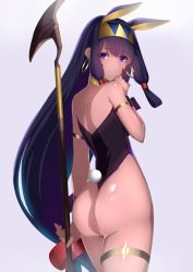 Rule 34 | 1girl, alternate costume, animal ears, ass, bare shoulders, commentary request, dark-skinned female, dark skin, earrings, eyes visible through hair, facial mark, fake animal ears, fate/grand order, fate (series), from behind, grey background, hairband, holding, holding staff, hoop earrings, jewelry, kameponde, leotard, long hair, looking at viewer, looking back, low-tied long hair, nitocris (fate), playboy bunny, purple eyes, purple hair, rabbit ears, rabbit tail, shiny skin, simple background, smile, solo, staff, standing, tail, very long hair, wrist cuffs