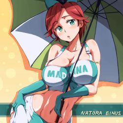 Rule 34 | 10s, 1girl, armlet, blush, breasts, character name, cleavage, clothes writing, collarbone, gloves, green eyes, green gloves, gundam, gundam age, large breasts, midriff, natora einus, navel, open mouth, race queen, red hair, runaru, shadow, short hair, solo, umbrella