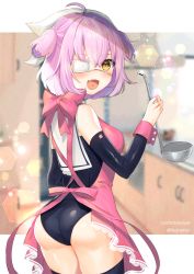 Rule 34 | 1girl, :d, ahoge, apron, artist name, ass, black thighhighs, blurry, bow, breasts, commission, cowboy shot, depth of field, detached sleeves, english text, eyepatch, fang, from behind, highres, holding, holding ladle, kitchen, kura noi, ladle, lens flare, looking back, medium hair, one-piece swimsuit, open mouth, original, pink apron, pink hair, short twintails, skeb commission, smile, solo, swimsuit, swimsuit under clothes, taut clothes, thighhighs, thighs, twintails, virtual youtuber, wrist cuffs, yellow eyes