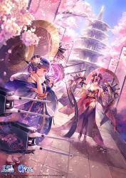 Rule 34 | 2girls, :o, alternate costume, architecture, azur lane, bare shoulders, black legwear, blue eyes, blue hair, blue kimono, blush, breasts, cherry blossoms, closed mouth, crossed legs, day, detached sleeves, east asian architecture, fur collar, geta, hair between eyes, hair ornament, hand up, heterochromia, highres, holding, holding umbrella, horns, ibuki (azur lane), ibuki (winter sylph&#039;s reverie) (azur lane), izumo (azur lane), izumo (izumo&#039;s thousand cherry trees) (azur lane), janyhero, japanese clothes, kimono, large breasts, logo, long hair, long sleeves, looking at viewer, multiple girls, official art, oil-paper umbrella, oni horns, open mouth, outdoors, petals, pointy ears, purple hair, red eyes, red kimono, ribbon, rigging, sidelocks, smile, tabi, thighhighs, torii, tree, umbrella, watermark, watson cross, wide sleeves
