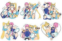 Rule 34 | 2girls, ass, blonde hair, breast press, breasts, cleavage, cropped legs, dougi, fefeather, flexing, heart, highres, large breasts, leotard, looking at viewer, manon legrand, martial arts belt, medal, microphone, multiple girls, pink hair, rainbow mika, street fighter, street fighter 6, street fighter v, sunglasses, symmetrical docking, twintails, wrestling outfit