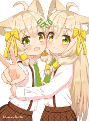 Rule 34 | 2girls, absurdres, ahoge, animal ear fluff, animal ears, arm up, blonde hair, blush, bow, brown skirt, cat ears, cat girl, cheek-to-cheek, closed mouth, collared shirt, fang, female focus, fish hair ornament, flat chest, from side, green eyes, green necktie, hair bow, hair ornament, hairclip, happy, hazakura hinata, heads together, heterochromia, highres, hug, long hair, long sleeves, looking at viewer, multiple girls, necktie, open mouth, original, outstretched arm, plaid, plaid skirt, pleated skirt, school uniform, shirt, shirt tucked in, short hair, siblings, sidelocks, simple background, sisters, skin fang, skirt, smile, split mouth, standing, suspender skirt, suspenders, twins, upper body, v, white background, white shirt, yellow bow, yellow eyes
