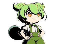 Rule 34 | 1girl, :3, absurdres, green hair, hands on own hips, highres, overalls, ponytail, puffy short sleeves, puffy sleeves, short sleeves, solo, transparent background, twintails, voicevox, yellow eyes, zundaghost, zundamon