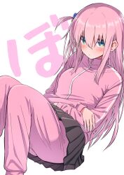 Rule 34 | 1girl, black skirt, blue eyes, bocchi the rock!, closed mouth, cube hair ornament, feet out of frame, gotoh hitori, hair between eyes, hair ornament, highres, jacket, long hair, long sleeves, looking at viewer, neko (hansinn), one side up, pants, pink hair, pink jacket, pink pants, pleated skirt, simple background, skirt, solo, track jacket, white background
