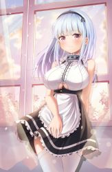 Rule 34 | 1girl, absurdres, anchor choker, apron, azur lane, bare shoulders, black hairband, black skirt, blunt bangs, blush, breasts, center frills, choker, closed mouth, clothing cutout, commentary, cowboy shot, curtains, dido (azur lane), frilled apron, frilled choker, frilled skirt, frills, gradient sky, hairband, highres, lace-trimmed hairband, lace trim, large breasts, long hair, looking at viewer, purple eyes, sayu (mini 2704), see-through, shirt, sidelocks, silver hair, skirt, sky, sleeveless, sleeveless shirt, solo, standing, thighhighs, twilight, underboob, underboob cutout, waist apron, white apron, white shirt, white thighhighs, wind, wind lift, window