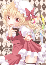 Rule 34 | 1girl, :p, argyle, argyle background, argyle clothes, bad id, bad pixiv id, black thighhighs, blonde hair, blush, bow, bowtie, clothes lift, dress, dress lift, embodiment of scarlet devil, female focus, flandre scarlet, hand on own face, hat, heart, red dress, red eyes, side ponytail, solo, striped clothes, striped thighhighs, thighhighs, tiles, tongue, tongue out, touhou, wings, wrist cuffs, yukiu con