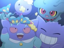 Rule 34 | :d, clothed pokemon, commentary request, creatures (company), dreepy, drifloon, closed eyes, game freak, gen 1 pokemon, gen 2 pokemon, gen 4 pokemon, gen 8 pokemon, gengar, grin, highres, looking at viewer, looking up, misdreavus, monaka (hc pkmn), nintendo, no humans, on head, open mouth, pokemon, pokemon (anime), pokemon (creature), pokemon on head, poketoon, red eyes, hilary (pokemon), smile, teeth, tongue, upper teeth only