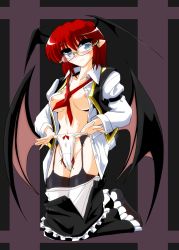 Rule 34 | 1girl, alternate hair length, alternate hairstyle, bat wings, bespectacled, black thighhighs, blue eyes, bow, bow panties, breasts, cameltoe, clothes pull, colored pubic hair, demon girl, female focus, female pubic hair, framed, garter belt, garter straps, glasses, head wings, kieyza, kneeling, koakuma, lifted by self, looking at viewer, low wings, neckerchief, nipples, no bra, open clothes, open shirt, open vest, panties, panty lift, panty pull, pointy ears, pubic hair, red hair, red pubic hair, shirt, short hair, skirt, skirt pull, smile, solo, thighhighs, touhou, underwear, vest, white panties, wings