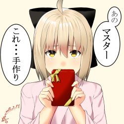 Rule 34 | 1girl, 2017, ahoge, artist name, bad id, bad pixiv id, beige background, blonde hair, blush, covered mouth, dated, fate (series), gift, hair between eyes, holding, holding gift, incoming gift, japanese clothes, koha-ace, looking at viewer, mugipot, okita souji (fate), okita souji (koha-ace), short hair, signature, simple background, solo, speech bubble, translated, upper body, yellow eyes