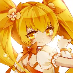 Rule 34 | 10s, 1girl, blonde hair, blush, bow, cure sunshine, heartcatch precure!, long hair, looking back, myoudouin itsuki, orange bow, precure, simple background, smile, solo, twintails, upper body, white background, yellow background, yuucho (cololal)
