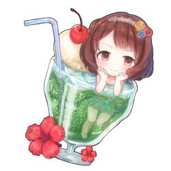 Rule 34 | 1girl, :&gt;, air bubble, aqua one-piece swimsuit, bendy straw, blue flower, blush, brown hair, bubble, cherry, chibi, closed mouth, collarbone, cup, dot nose, drinking glass, drinking straw, dutch angle, floral print, flower, food, frilled swimsuit, frills, fruit, glass, hair flower, hair ornament, hairband, hands on own face, hibiscus, ice, ice cream, ice cube, idolmaster, idolmaster cinderella girls, in container, knees together feet apart, lace hairband, leg up, looking at viewer, lvetica, martini, mini person, minigirl, nagatomi hasumi, one-piece swimsuit, partially submerged, red flower, red rose, rose, short hair, simple background, smile, solo, swept bangs, swimsuit, tareme, wavy hair, white background, yellow eyes, yellow flower, yellow rose