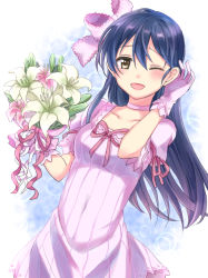 Rule 34 | 1girl, ;d, blue hair, bouquet, bow, brown eyes, bubble background, covered navel, dress, flower, gloves, hair between eyes, hair bow, tucking hair, highres, holding, holding bouquet, lily (flower), long hair, looking at viewer, love live!, love live! school idol festival, love live! school idol project, nanami (nnsk nnm), one eye closed, open mouth, pink bow, pink dress, pink gloves, pink ribbon, ribbon, short sleeves, smile, solo, sonoda umi