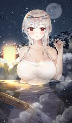 Rule 34 | 1girl, bad id, bad pixiv id, bare shoulders, blush, breasts, brown eyes, cleavage, closed mouth, collarbone, commission, grey hair, highres, large breasts, long hair, looking at viewer, maplestory, naked towel, night, onsen, outdoors, partially submerged, poho, smile, solo, towel, water