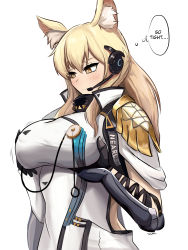 Rule 34 | 1girl, animal ear fluff, animal ears, arknights, armor, black gloves, blonde hair, blush, breast conscious, breast lift, breasts, character name, clothes writing, commentary, dress, female focus, gloves, headset, highres, large breasts, long hair, nearl (arknights), nearl the radiant knight (arknights), shoulder armor, simple background, solo, thought bubble, tofudofu, upper body, vambraces, white background, white dress, yellow eyes