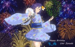 Rule 34 | 1girl, ;), alternate hairstyle, aqua flower, aqua kimono, aqua skirt, artist name, artist request, bare legs, bare shoulders, blue bow, blue hair, blue obi, blush, bow, breasts, brown eyes, clothing cutout, collarbone, dated, detached sleeves, female focus, firework background, fireworks, floral print, flower, flower print, frilled kimono, frilled skirt, frilled sleeves, frills, gem, hair between eyes, hair flower, hair ornament, hair tie, highres, holding, holding microphone, japanese clothes, kimono, kimono skirt, leaf hair ornament, leg warmers, long hair, long sleeves, looking at viewer, love live!, love live! school idol festival, love live! school idol project, microphone, miniskirt, night, night sky, obi, one eye closed, orange hair, parted lips, pearl (gemstone), plaid, plaid kimono, plaid skirt, pleated, pleated skirt, ribbon-trimmed sleeves, ribbon trim, sash, short sleeves, shoulder cutout, skirt, sky, smile, solo, sonoda umi, star (sky), striped clothes, striped kimono, striped skirt, twintails, vertical-striped clothes, vertical-striped kimono, vertical-striped skirt, white kimono, white skirt, wide sleeves, wink, yellow eyes, yellow flower