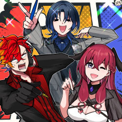 Rule 34 | &gt;:), 1boy, 2girls, black hair, black jacket, blue hair, braid, breasts, cleavage, closed eyes, collared shirt, comic background, earrings, emphasis lines, french braid, gem, gloves, grey jacket, hair between eyes, head wings, highres, hiodoshi ao, hizaki gamma, hizaki gamma (artist), holding, holding pen, hololive, hololive dev is, holostars, jacket, jewelry, konkon aria, long hair, looking at viewer, medium hair, mole, mole under mouth, multicolored hair, multiple girls, necklace, neo-porte, one eye closed, orange hair, pen, pointing, purple eyes, purple hair, red hair, shirt, short hair, sidelocks, smile, striped clothes, triangle mouth, unbuttoned, unbuttoned shirt, v-shaped eyebrows, virtual youtuber, wings