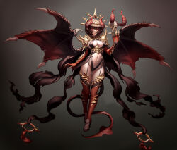 Rule 34 | 1girl, armor, breasts, brown hair, claw ring, demon girl, demon horns, demon tail, demon wings, fantasy, full body, gold trim, halo, highres, horns, large breasts, looking at viewer, navel, nrcgray, original, red eyes, revealing clothes, short hair, shoulder armor, skull, solo, tail, thighhighs, wings