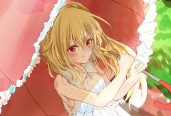 Rule 34 | 1girl, alternate costume, bare shoulders, blonde hair, closed mouth, day, dress, fang, fang out, flandre scarlet, frilled umbrella, frills, hair between eyes, holding, holding umbrella, light smile, long hair, looking at viewer, no headwear, no wings, one side up, outdoors, red eyes, sleeveless, sleeveless dress, solo, sundress, touhou, umbrella, upper body, v-shaped eyebrows, white dress, yagi (yagi5art)