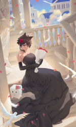 Rule 34 | 1girl, absurdres, ahoge, animal, animal ears, bare shoulders, bird, black choker, black gloves, black hair, borrowed character, bouquet, breasts, choker, cirilla lin, commentary, creature, dove, dress, elbow gloves, feathers, flower, full body, gloves, hair between eyes, hair flower, hair ornament, highres, holding, holding bouquet, large breasts, looking at viewer, micchan (ohisashiburi), original, petals, red eyes, red flower, red rose, rose, short hair, sitting, solo, stairs, statue, strapless, strapless dress