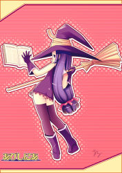Rule 34 | 00s, 1girl, ahoge, aru (abyssinia), ayase yue, book, boots, broom, from behind, gloves, hair ribbon, hat, long hair, low-tied long hair, mahou sensei negima!, no panties, purple eyes, purple gloves, purple hair, ribbon, solo, thighhighs, twintails, witch, witch hat