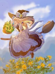 Rule 34 | 1girl, :d, absurdres, apron, back bow, basket, black hat, black skirt, black vest, blonde hair, blurry, blurry background, boots, bow, braid, broom, broom riding, brown footwear, cloud, collared shirt, commentary, floating hair, flower, frilled skirt, frills, from side, full body, hair bow, hand on headwear, hat, hat bow, hat flower, high heel boots, high heels, highres, holding, holding basket, kirisame marisa, long hair, looking ahead, neck ribbon, open mouth, panghulao, puffy short sleeves, puffy sleeves, purple bow, purple ribbon, ribbon, shirt, short sleeves, single braid, skirt, sky, smile, solo, teeth, touhou, upper teeth only, vest, waist apron, white apron, white bow, white shirt, witch hat, wrist cuffs, yellow eyes, yellow flower