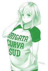 Rule 34 | 1girl, 2017, arm behind back, blush, breasts, clothes writing, highres, large breasts, looking at viewer, lulu-chan92, monochrome, original, raglan sleeves, shirt, short hair, short sleeves, signature, smile, solo, white background