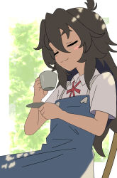 Rule 34 | 1girl, :3, ahoge, biki srms, black hair, blush stickers, closed eyes, closed mouth, coffee mug, collared shirt, commentary, cup, dappled sunlight, dark-skinned female, dark skin, day, do it yourself!!, highres, holding, holding cup, holding saucer, kouki kokoro, long hair, mug, neck ribbon, outdoors, red ribbon, ribbon, saucer, school uniform, shirt, short sleeves, smile, solo, standing, sunlight, white shirt, wind, wing collar