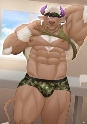 Rule 34 | 1boy, abs, absurdres, animal ears, bara, bare pectorals, blush, briefs, bulge, camouflage, camouflage headwear, camouflage male underwear, camouflage underwear, chest hair, clothes lift, cow ears, cow horns, furry, furry male, green briefs, green male underwear, green tank top, headband, highres, horns, keijimohumohu, large pectorals, lifted by self, looking at viewer, male focus, male underwear, minotaur, mint, muscular, muscular male, navel, nipples, pectorals, print briefs, print clothes, print male underwear, print underwear, purple eyes, purple horns, shennong (housamo), shirt lift, short hair, signature, solo, stomach, tail, tank top, thick thighs, thighs, tokyo houkago summoners, underwear, white hair