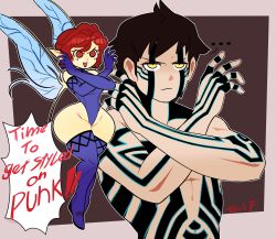 Rule 34 | 1girl, absurdres, demi-fiend, english text, fairy, fairy wings, full-body tattoo, highres, mini person, minigirl, shin megami tensei, tattoo, thick thighs, thighhighs, thighs, wide hips, wings