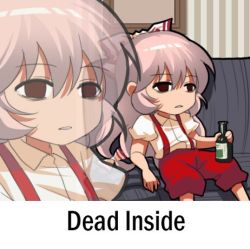 Rule 34 | 1girl, alcohol, bags under eyes, beer, bottle, bow, brown eyes, collared shirt, couch, drink, empty eyes, english text, fujiwara no mokou, hair bow, holding, jokanhiyou, long hair, lowres, meme, pants, parted lips, picture frame, red pants, redlettermedia, rich evans, shirt, sitting, sleeves rolled up, solo, suspenders, teeth, touhou, wall, white hair, white shirt
