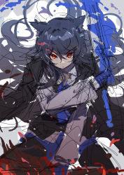 Rule 34 | 1girl, absurdres, animal ear fluff, animal ears, arknights, black coat, black hair, black pantyhose, black vest, blue gloves, blue necktie, blue shorts, closed mouth, coat, coat on shoulders, dual wielding, gloves, highres, holding, holding sword, holding weapon, long hair, long sleeves, looking at viewer, necktie, pantyhose, pantyhose under shorts, red eyes, sao7, shirt, shorts, sketch, solo, sword, texas (arknights), texas the omertosa (arknights), v-shaped eyebrows, vest, weapon, white shirt, wolf ears