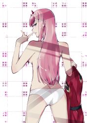 Rule 34 | 10s, 1girl, aqua eyes, ass, breasts, commentary request, darling in the franxx, druisthe, from behind, hair over breasts, hairband, highres, holding, holding clothes, horns, index finger raised, long hair, looking at viewer, looking back, medium breasts, panties, pink hair, red horns, solo, standing, topless, underwear, underwear only, uniform, unworn clothes, white hairband, white panties, zero two (darling in the franxx)