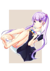Rule 34 | 10s, 1girl, abstract background, artist request, barefoot, black dress, blunt bangs, brown background, controller, dress, dutch angle, feet, game controller, highres, long hair, long twintails, looking at viewer, new game!, panties, pantyshot, puffy short sleeves, puffy sleeves, purple eyes, purple hair, short sleeves, simple background, sitting, smile, soles, solo, suzukaze aoba, toes, twintails, underwear, white panties