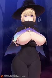 Rule 34 | ..., 1girl, areola slip, bad id, bad pixiv id, blonde hair, blush, bodysuit, breasts, cape, cleavage, commentary request, covered navel, crossed arms, eyeliner, forest, groin, hat, highres, holding, holding wand, kakuchou no ou, large breasts, looking at viewer, makeup, nature, nipple piercing, original, parted lips, piercing, purple eyes, revealing clothes, solo, spoken ellipsis, sweat, torn clothes, wabiko1126, wand, witch hat