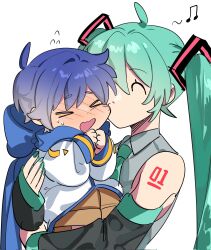 Rule 34 | &gt; &lt;, 1boy, 1girl, ^ ^, age difference, age regression, aged down, ahoge, aqua hair, aqua nails, aqua necktie, bare shoulders, beamed eighth notes, black sleeves, blue hair, blue scarf, blush, bow, brown pants, carrying, carrying person, cheek sucking, child, closed eyes, collared shirt, detached sleeves, flying sweatdrops, full-face blush, grey shirt, hatsune miku, hetero, highres, jacket, kaimiku yummy, kaito (vocaloid), kiss, kissing cheek, long hair, musical note, necktie, number tattoo, open mouth, pants, scarf, scarf bow, shirt, shoulder tattoo, sleeveless, sleeveless shirt, sweatdrop, tattoo, twintails, very long hair, vocaloid, wavy mouth, white jacket