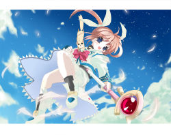 Rule 34 | 00s, 1girl, :d, animal, ankle wings, black socks, blue eyes, blue sky, blush, boots, bow, bowtie, cloud, day, ferret, from below, hair ribbon, holding, holding staff, juliet sleeves, kneehighs, letterboxed, long hair, long sleeves, lyrical nanoha, magical girl, mahou shoujo lyrical nanoha, open mouth, orange hair, petals, pink bow, puffy sleeves, purple eyes, raising heart, raising heart (device mode), red bow, red bowtie, red hair, ribbon, shino (eefy), shoes, sky, smile, socks, staff, star (sky), takamachi nanoha, takamachi nanoha (original mode), twintails, upskirt, white footwear, white ribbon, winged footwear, wings, yuuno scrya