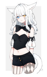 Rule 34 | 1girl, absurdres, animal ears, black bustier, black shorts, bow, bowtie, breasts, cat ears, cat tail, cropped legs, detached collar, detached sleeves, facial mark, final fantasy, final fantasy xiv, heterochromia, highres, long hair, looking at viewer, medium breasts, midriff, miqo&#039;te, navel, sana (sanamaru 0w0), shorts, slit pupils, solo, tail, whisker markings, white background, white hair