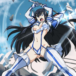 Rule 34 | 1girl, arms up, asanaya, bakuzan, black hair, blue eyes, boots, breasts, cleavage, cloud, commentary request, day, from below, glint, highres, holding, holding weapon, junketsu, kamui (kill la kill), kill la kill, kiryuuin satsuki, legs apart, long hair, navel, open mouth, outdoors, rock, sky, sparkle, teeth, thigh boots, thighhighs, tongue, v-shaped eyebrows, weapon, wind