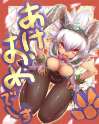 1girl animal_ears bow bowtie breasts capcom cleavage cuffs downblouse fake_animal_ears female_focus horns kirin_(armor) large_breasts leotard monster_hunter_(series) pantyhose playboy_bunny rabbit_ears red_eyes single_horn solo tsukigami_chronica white_hair