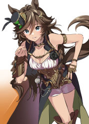 Rule 34 | 1girl, ahoge, animal ears, armband, bare shoulders, belt, black coat, boots, breasts, brown gloves, brown hair, cleavage, coat, corset, elbow rest, fingerless gloves, gloves, green eyes, hair between eyes, hair ornament, hand on own hip, hat, horse ears, horse girl, horse tail, long hair, medium breasts, mini hat, mini top hat, misu kasumi, mr. c.b. (umamusume), pointing, pointing at viewer, shirt, shorts, single glove, sleeveless, sleeveless coat, solo, tail, top hat, umamusume, white shirt, white shorts