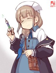 Rule 34 | 1other, armband, artist logo, bag, black jacket, braid, brown hair, captain nemo (fate), collared shirt, cowboy shot, cross, dated, closed eyes, fate/grand order, fate (series), gradient hair, hat, highres, holding, holding syringe, jacket, kanon (kurogane knights), long hair, long sleeves, multicolored hair, nemo (fate), nurse, nurse cap, nurse nemo (fate), scissors, shaded face, shirt, signature, simple background, skirt, syringe, white background