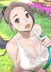 Rule 34 | 1girl, :d, absurdres, black eyes, breasts, brown hair, dytm, highres, hose, large breasts, long hair, open mouth, original, photo background, ponytail, pool monitor part-timer (dtym), see-through, smile, solo, summer, tank top, water, wet, wet clothes